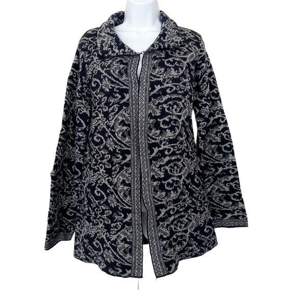 A. Ida Open Front Cardigan Sweater Blk Brocade Floral Stretch Wool Blend Sz M - Picture 1 of 11
